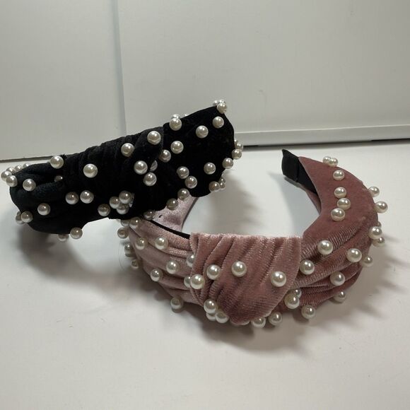 Velvet Top Knot Faux Pearl Embellished Headband Bundle Lot Of 2 Black & Pink New - Picture 1 of 6